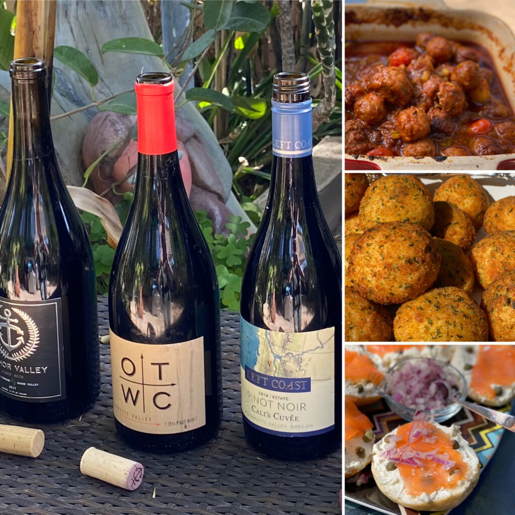 OTWC, Left Coast, and Anchor Valley Pinot Noirs with Cuban Potato Puree, Salmon and Bagel, and Meatballs for Pairings