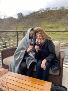 Two of Us Tasting Wine at Adelaide Winery Covered with Blankets and Hooded Coat