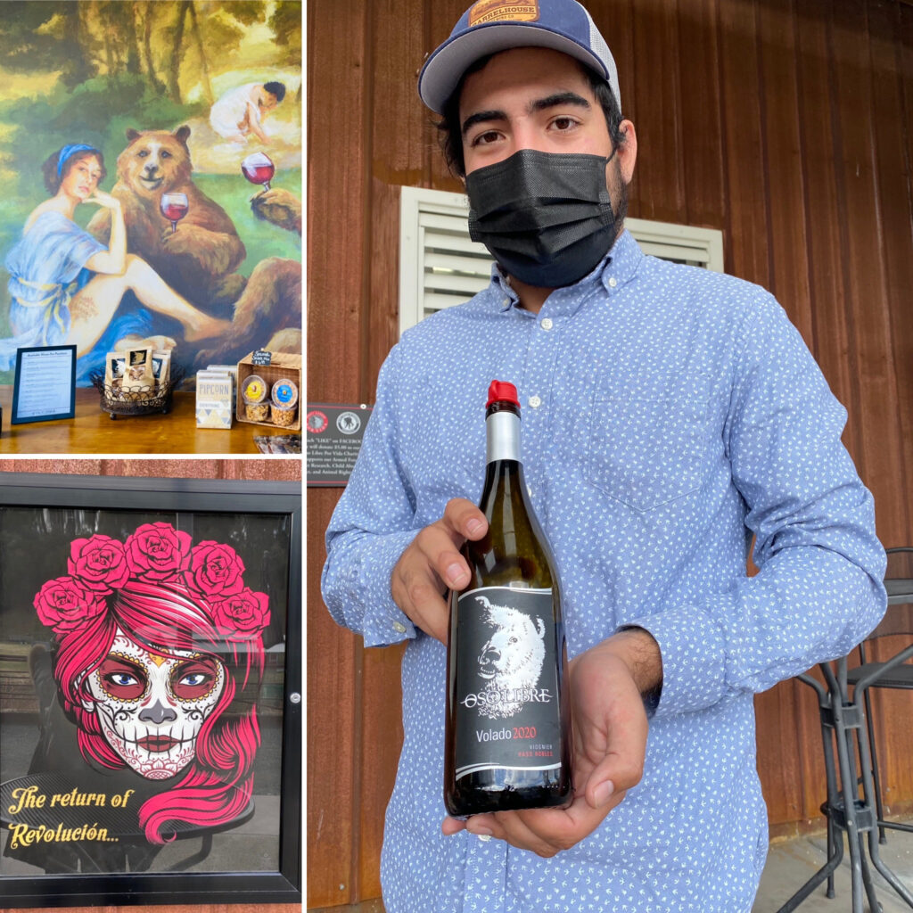 Oso Libre Winemaker Michael, Revolucion Wine Label, and Bear Painting for Symbol of Winery