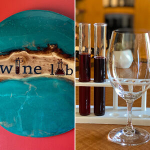 The Wine Lab Sign and Beakers with Wine Glass