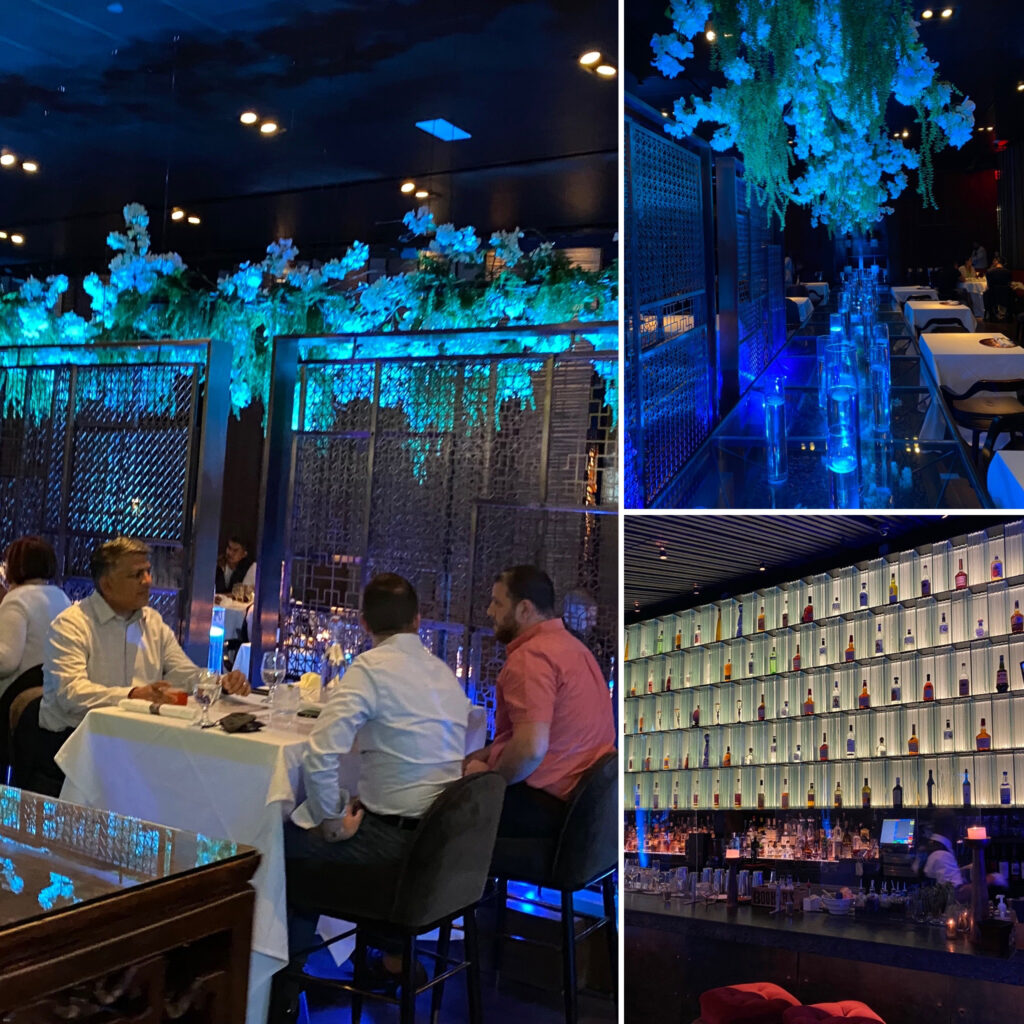 Anqi Interior with Blue Lighting in Dining and Bar Areas