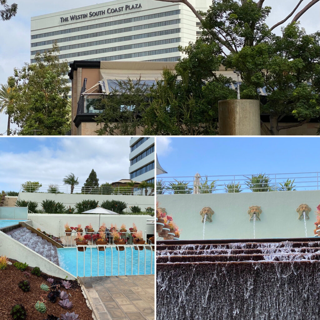 View of Exterior of Westin, View from Second Floor Outside with Pool, and Neptune Spouts