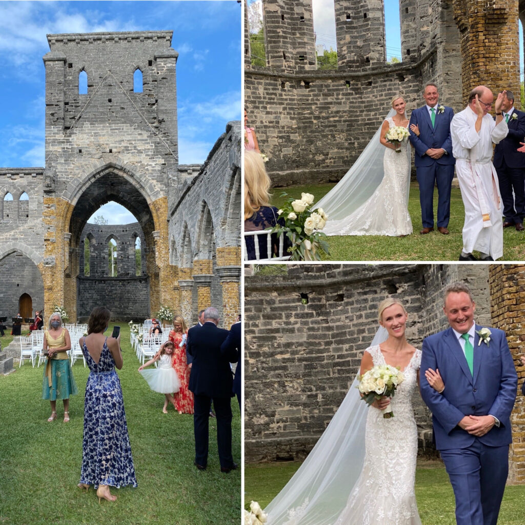 My goddaughter's wedding at the Unfinished Church, including the joyous priest and a photo of my goddaughter and the groom leaving the church 