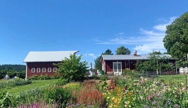 The red barn and farmhouse at Orchard Kitchen & Farm on Whidbey Island, WA