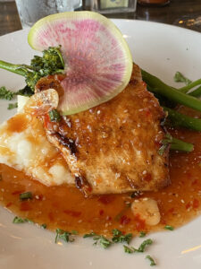 Pan Seared Salmon in Chili Glaze with Creamy Potato and Broccolini