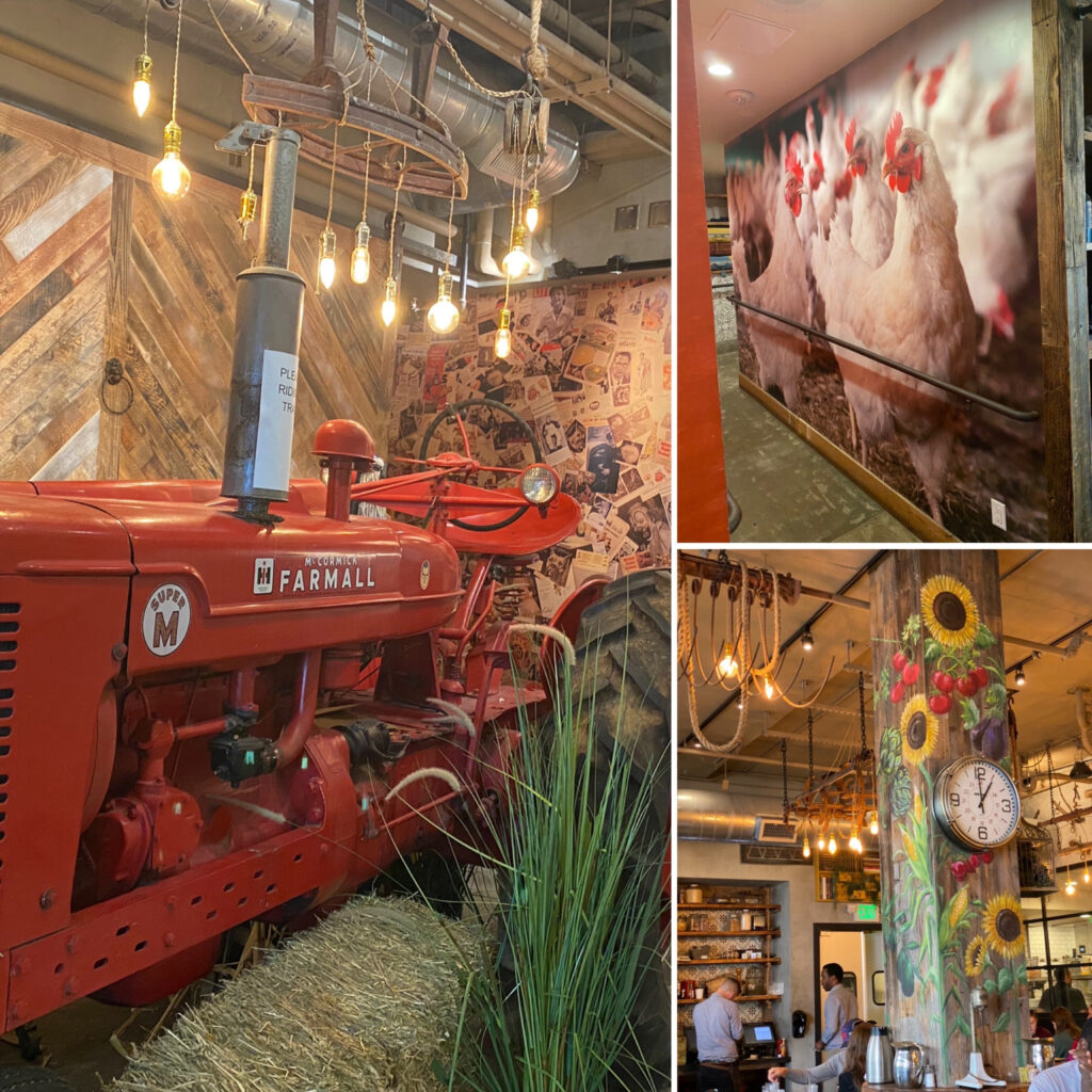 Restaurant Decor of Farmall Tractor, Sunflower Painted Clock Tower, and a Wall Mural of Chickens