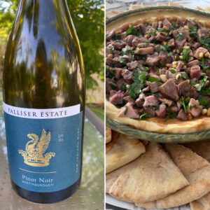 New Zealand Palliser Estate Pinot Noir with Lamb on top of Hummus Drizzled with Pomegranate and Molasses Glaze