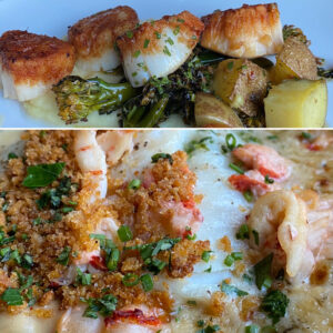Fore Street Restaurant dishes of Scallops with Broccolini and Haddock Topped with Lobster Chowder