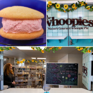 Strawberry Filled Whoopie Pie along with the Cape Whoopies sign and the storefront where you choose which whoopie pie you want