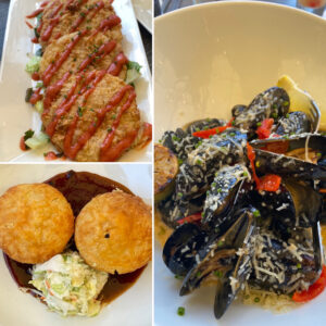 Appetizers of Fried Green Tomatoes, Mussels, and Pork Stuffed Cornbread