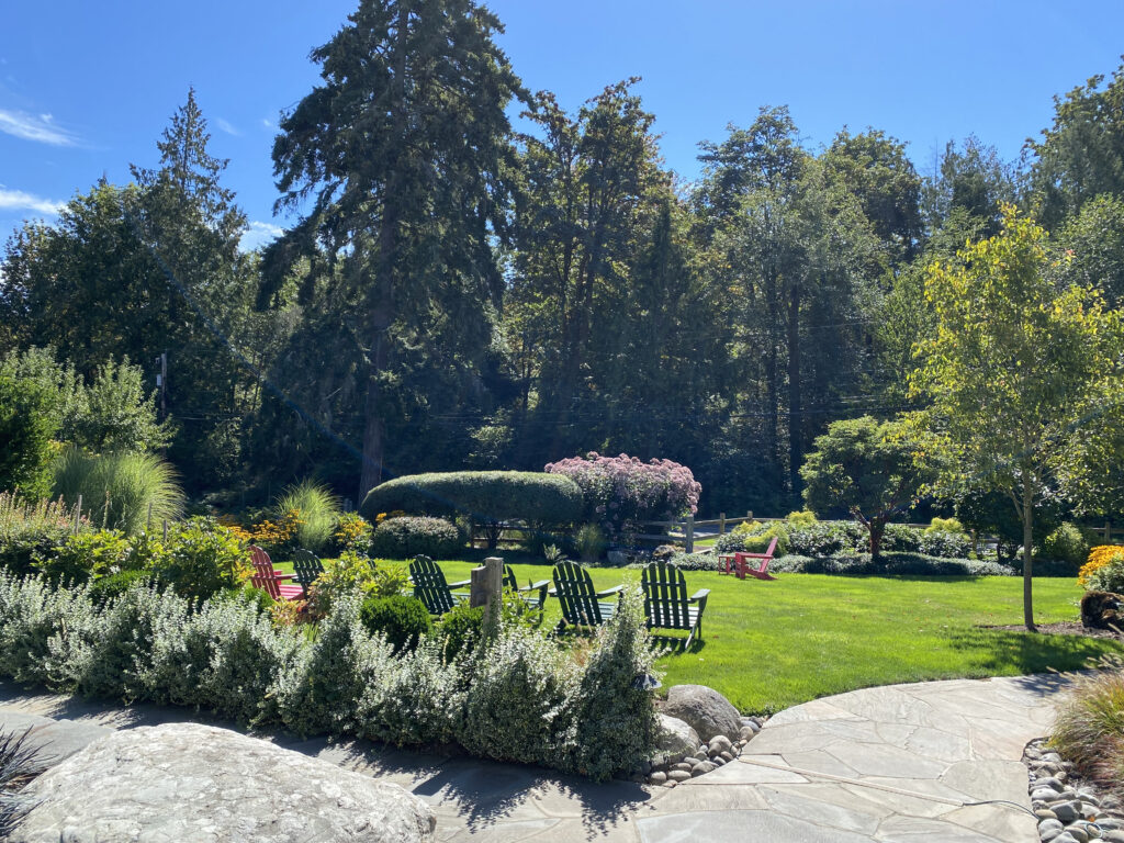 Heyday Farm front lawn looking like a park with Adirondack chairs and flowers against giant firs