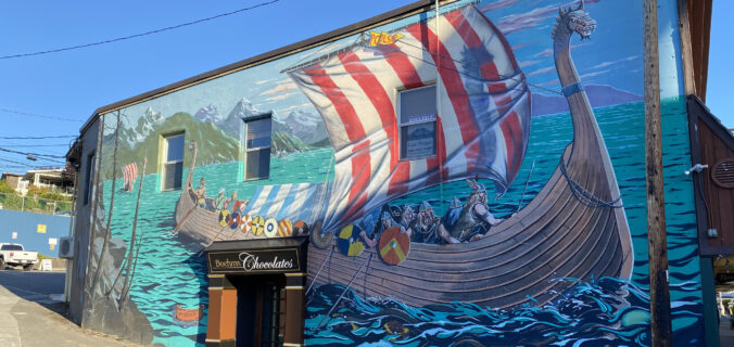 Mural on a building in Poulsbo of a Viking ship to display their Scandinavian heritage
