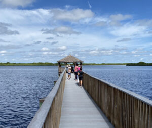 Walkway on pier over water at Peace River Botanical Gardens