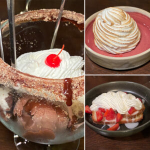 Fenway's HEW Restaurant dessert of a fudge brownie sundae, Baked Alaska, and Strawberry Shortcake