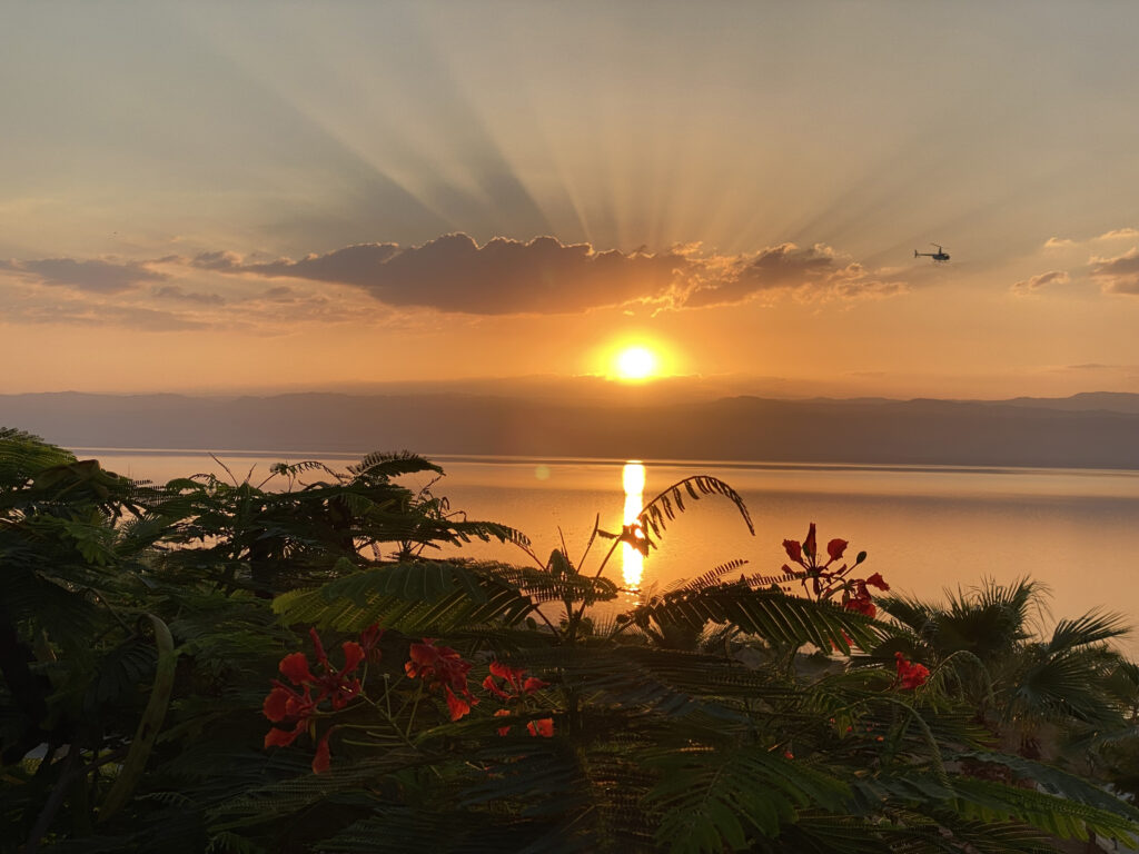 The golden sunset over the Dead Sea from the Hilton Dead Sea Resort and Spa