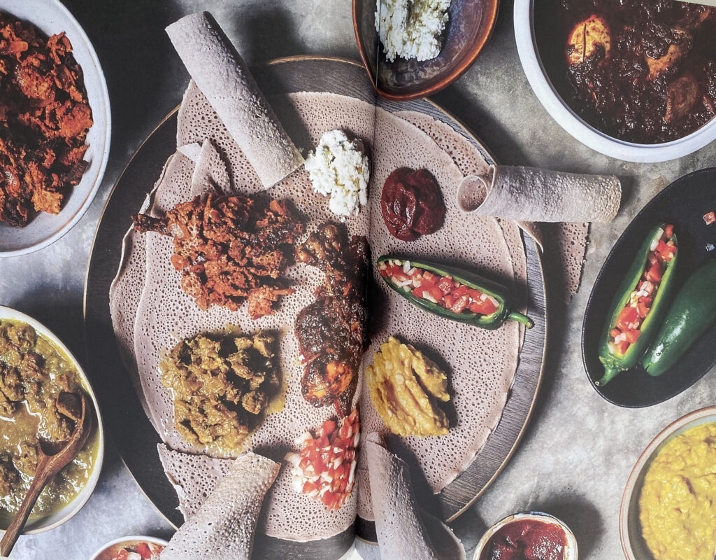 Enebla Cookbook inside photo with many of the Ethiopian recipes in the cookbook