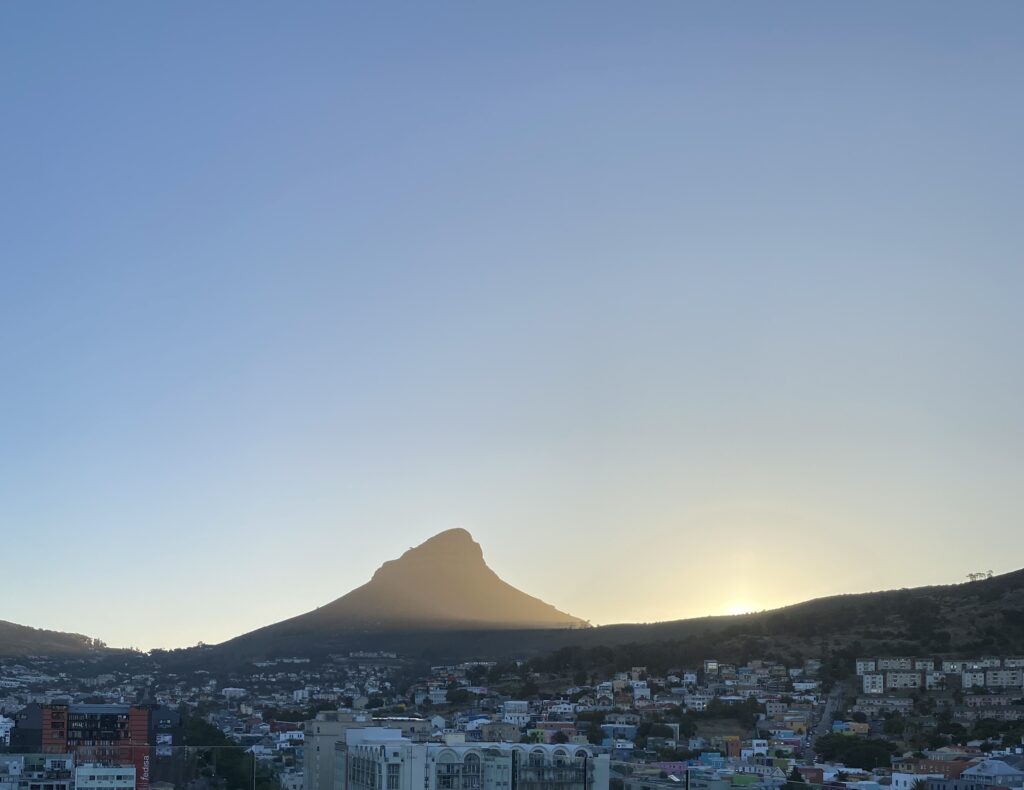 View of Lion's Head from our hotel balcony with the sun setting