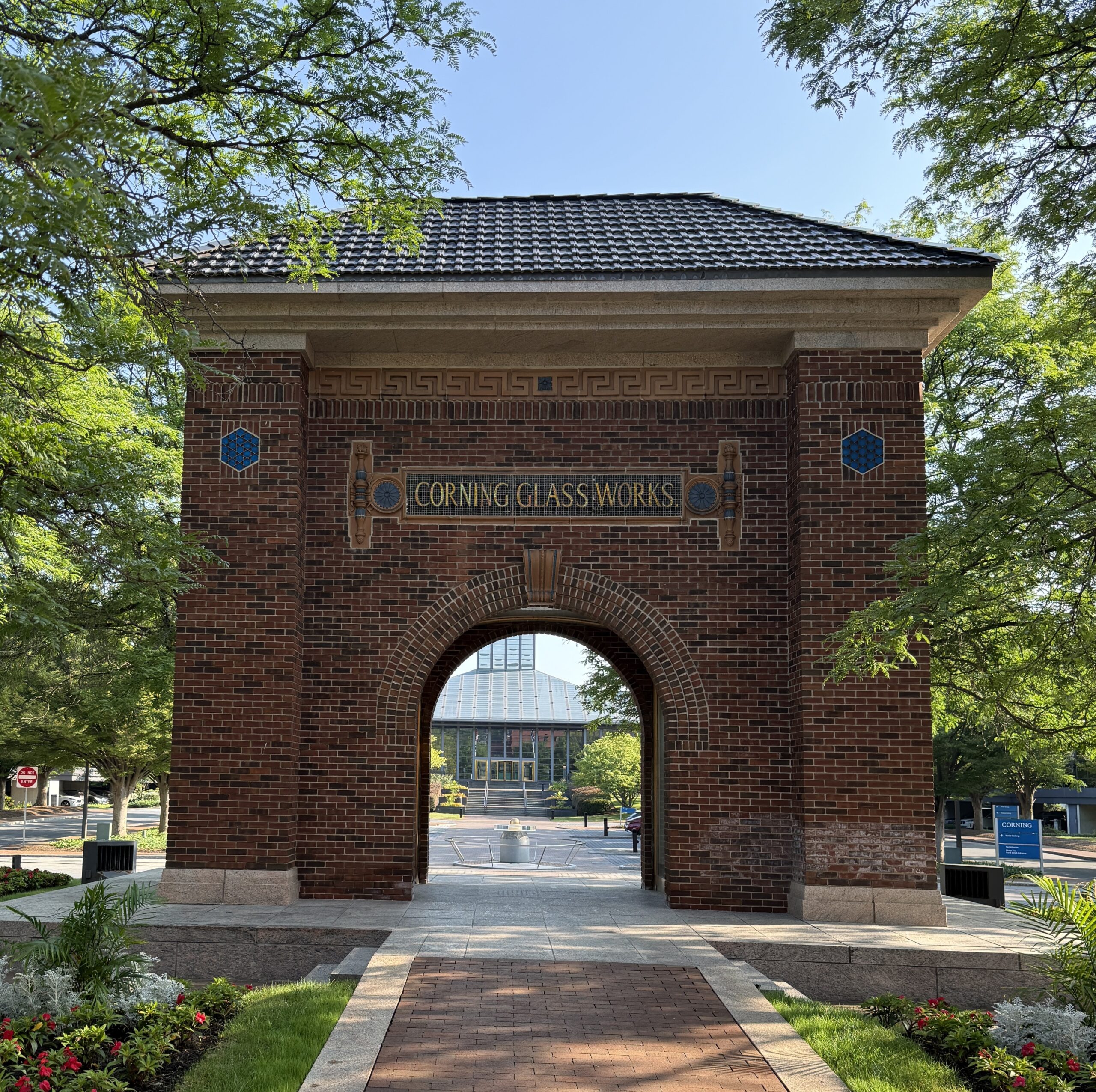Archway from original Corning Glass Works that now frames the Corning Incorporated Headquarters.